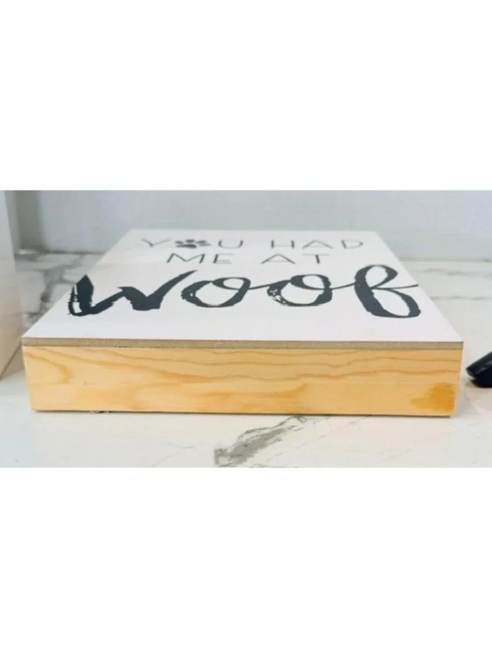 Dog lovers!  Woof signage and lidded treat can, man's best friend, treats,